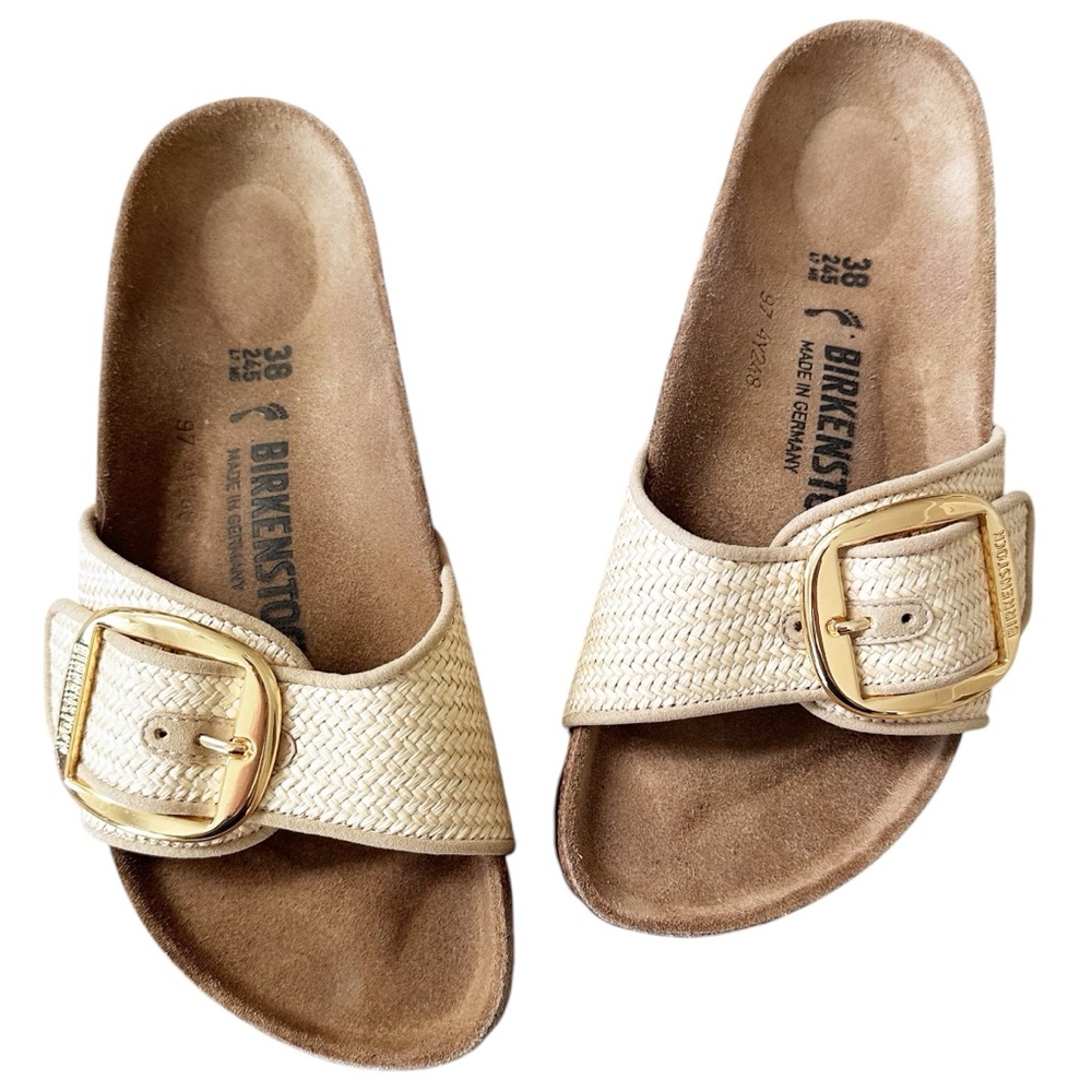 Birkenstock Cream Raffia Single-Strap Slide Sandals with Gold Buckle Detail. - Picture 2 of 13